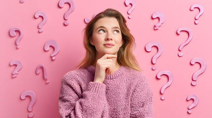 Thoughtful young woman with light skin and medium-length hair, pondering questions against a pink background.