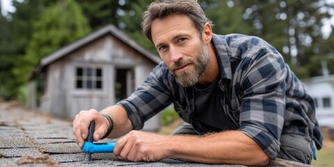 Man working on roof repairs with a tool, looking towards the camera in plaid shirt