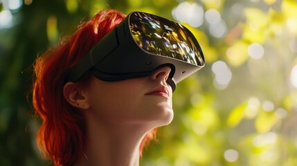 Woman with vibrant red hair immersed in a virtual reality experience outdoors.