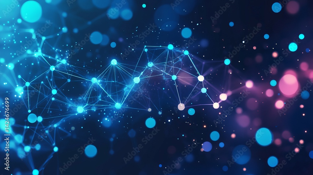 Poster abstract network connection digital technology background image web data blue pink dark dots nodes