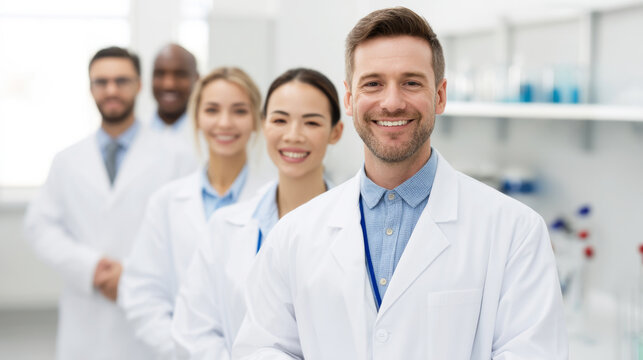 Multi ethnic team of doctors and scientists smiling and collaborating in a cutting edge medical research laboratory filled with advanced technology