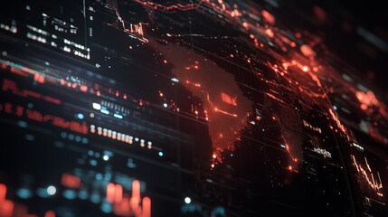 Abstract digital world map data visualization red orange technology network ui hud dark cyber lines