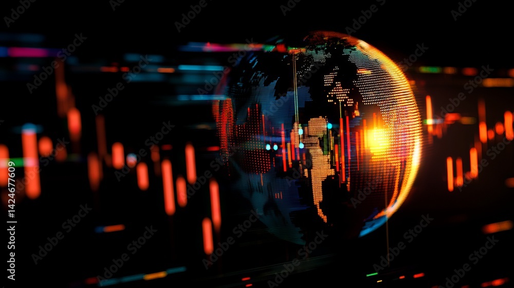 Poster global stock market data visualization digital globe orange red dark graph world style light color