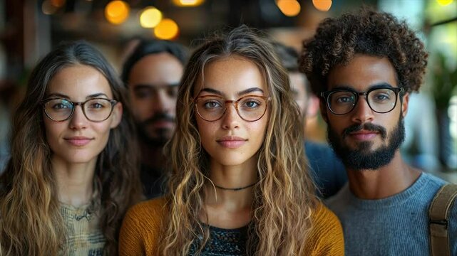 Diverse group of young adults wearing glasses, smiling confidently
