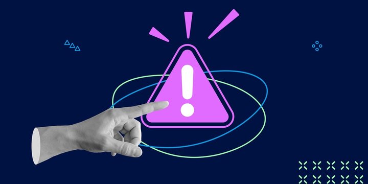 Hand pointing to purple warning triangle with exclamation mark, surrounded by abstract lines. Concept of caution and attention to important information. Minimalistic art collage