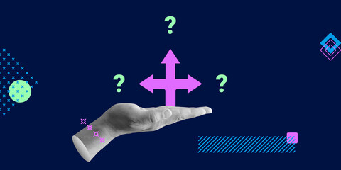 A hand with an open palm displaying a central arrow pointing in multiple directions, surrounded by question marks. Concept of decision-making and exploration of options. Minimalistic art collage