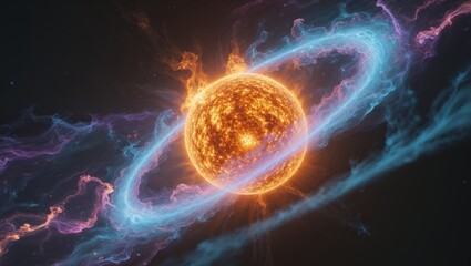 Fiery celestial body emitting intense light and heat surrounded by swirling nebula of energy and plasma