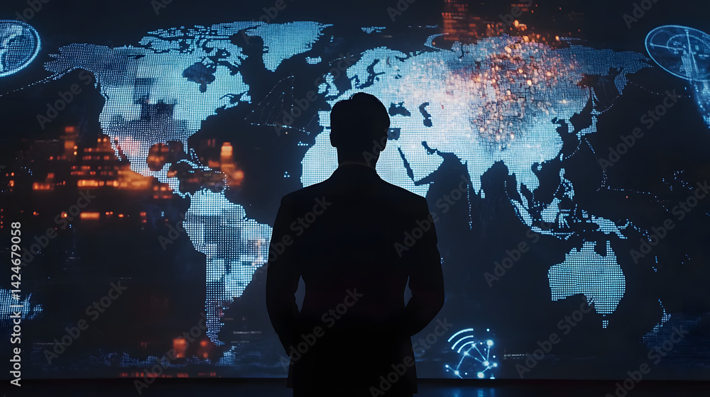 Poster businessman observing global digital map with data visualization