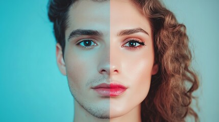 Fototapeta premium Stunning Split Face Portrait Young Man Woman Teal Red Tones Artistic Beauty Fashion Editorial Photography Image High Resolution Digital Model Couple Romance hair eyes lips skin mood look feel vibe 