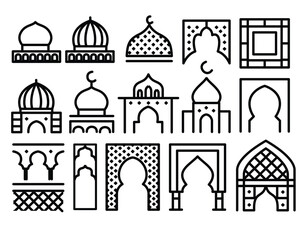 Minimalist Islamic Arch Icons Set – Arabic Mosque Dome, Doorway & Ornament Vector Collection (PNG, JPG, EPS) Transparent Background.