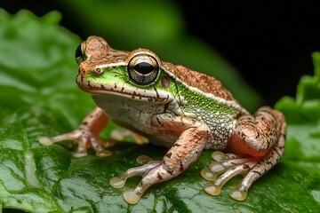 Fototapeta premium a vibrant tree frog with red eyes and colorful skin rests on a leaf, revealing stunning macro details and tropical amphibian textures