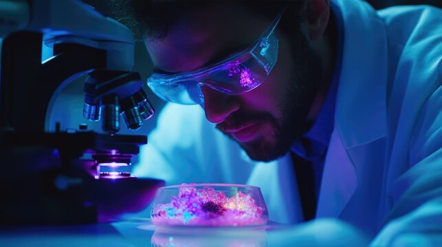 A scientist meticulously examines a sample under a microscope, illuminated by vibrant blue and purple light.