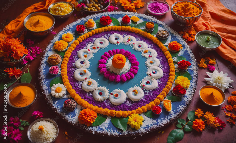 Poster colorful and intricate design made of rice and flowers sits on a table. the design is surrounded by 