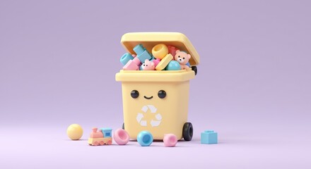Cute Cartoon Kawaii Recycling Bin Overflowing with Colorful Plastic Toys in Pastel Colors a Cheerful 3D Render Illustration Style Perfect for Decoration and Symbolizing Environmental Awareness