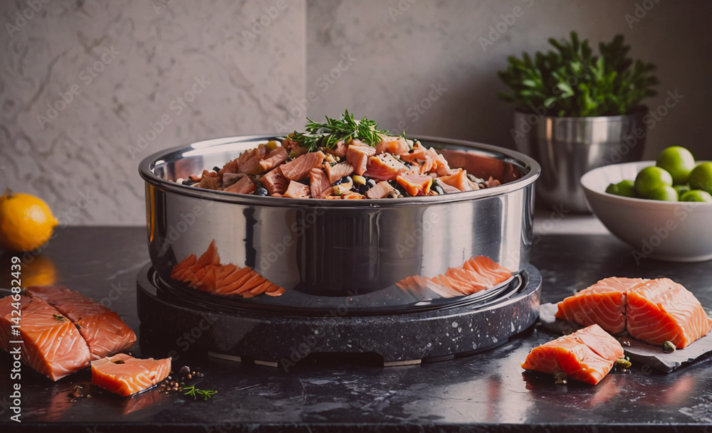 Poster bowl of food with a lot of fish in it. the bowl is on a counter with a lemon and a bunch of parsley