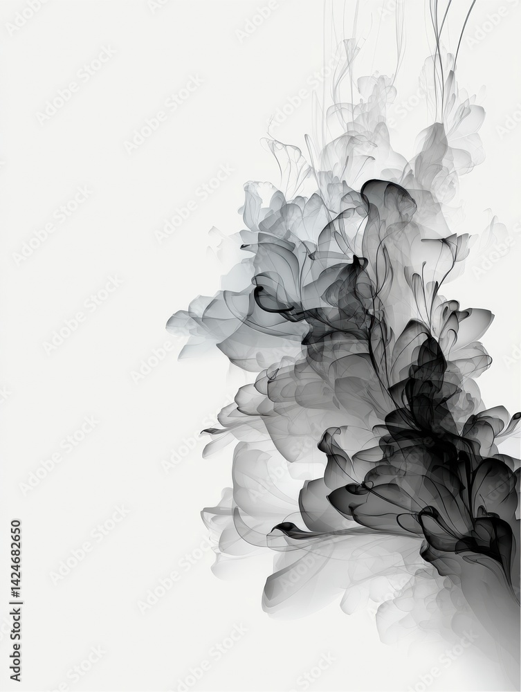 Poster Dark Abstract Oil Smoke Rising in Delicate Patterns Against a White Minimalist Background Creating a Visually Striking Contrast and Sense of Depth