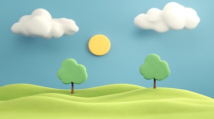 Fototapeta premium Sunny hills with cartoon trees, and clouds.