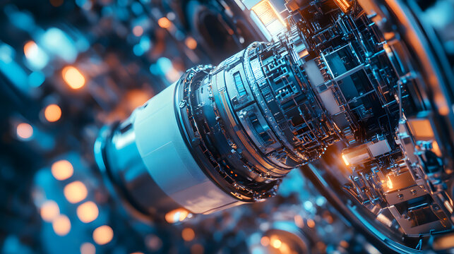 Advanced mechanical engine component with blue glowing highlights