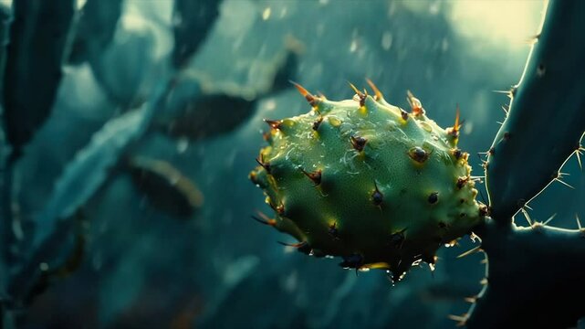 Rain-soaked, spiky fruit on a cactus pad