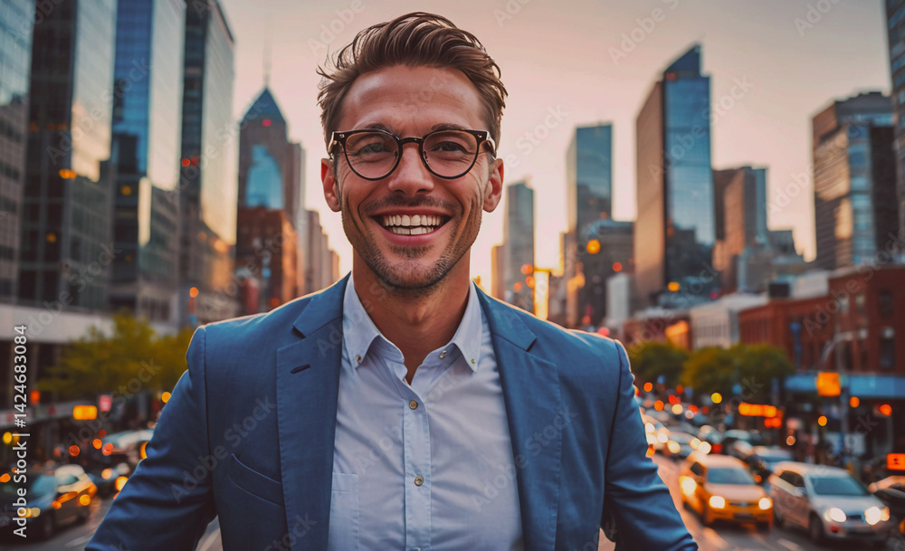 Poster man in a suit and glasses is smiling in front of a city skyline. concept of confidence and happiness