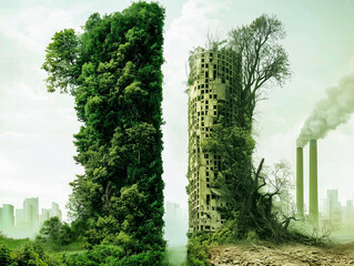 Ecology. Contrast between untouched natural forest and polluted industrial landscape. Illustration of the impact of human industrial activity on nature. Pollution and environmental degradation.