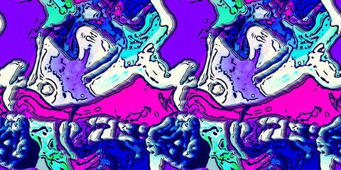 Modern marbled boho seamless border pattern. Funky wavy fashion background banner design. Painterly swirl effect for summer retro 80s vibes wash tape blue pink trim.