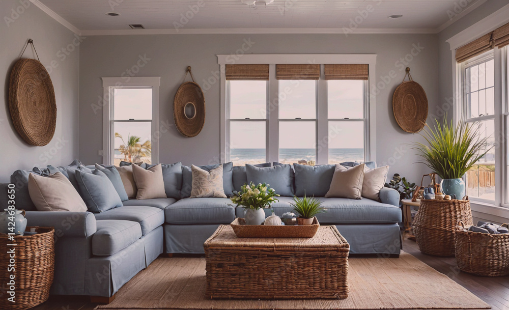 Aufkleber living room with a blue couch and a coffee table. the couch is surrounded by baskets and there are p