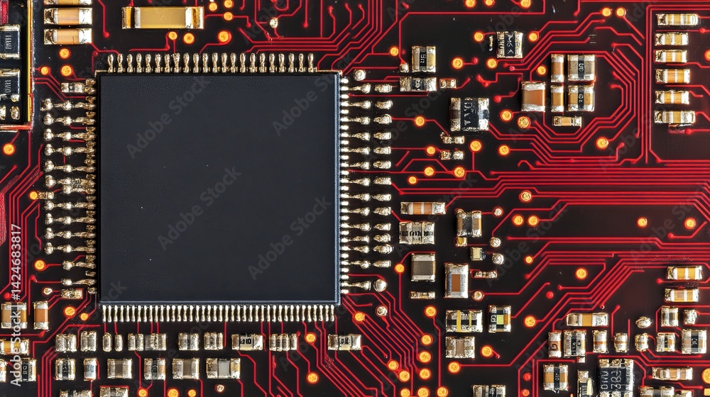 Poster closeup detailed view of red circuit board technology microchip gold data black system design modern