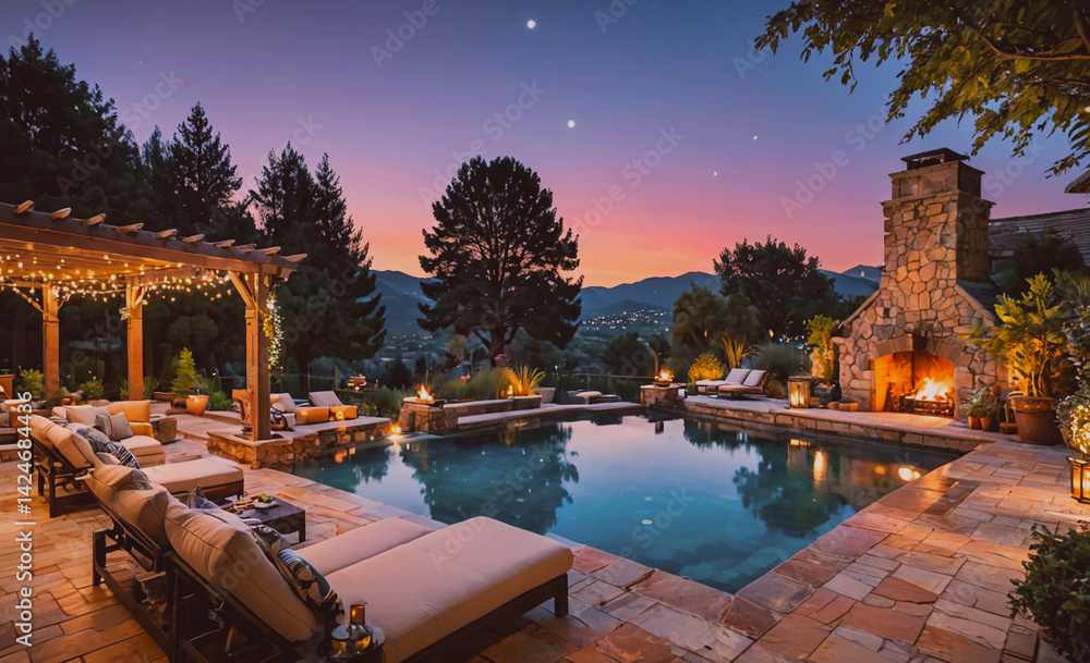 Leinwandbilder large pool with a fire pit and a gazebo in the background. the pool is surrounded by lounge chairs a