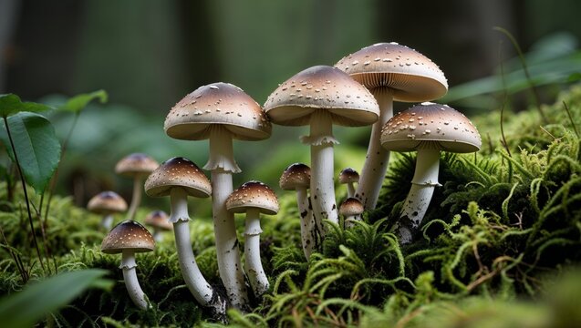 Delightful group of mushrooms with spotted caps on green moss