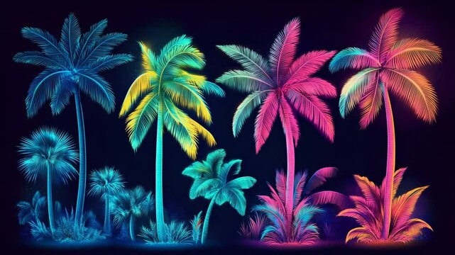 Vibrant Palm Trees Against a Dark Backdrop, Neon Colors, Glowing Outlines, Tropical Feel