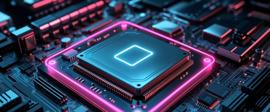 Neon Lit Central Processing Unit On Circuit Board. - Powered by Adobe