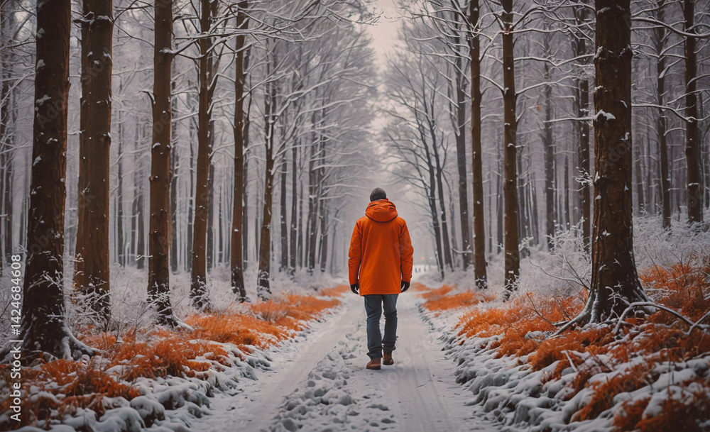 Poster man in an orange jacket walks through a snowy forest. the scene is peaceful and serene, with the man