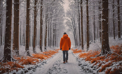 Man in an orange jacket walks through a snowy forest. The scene is peaceful and serene, with the man being the only person in the woods. The orange jacket stands out against the white snow, creating a