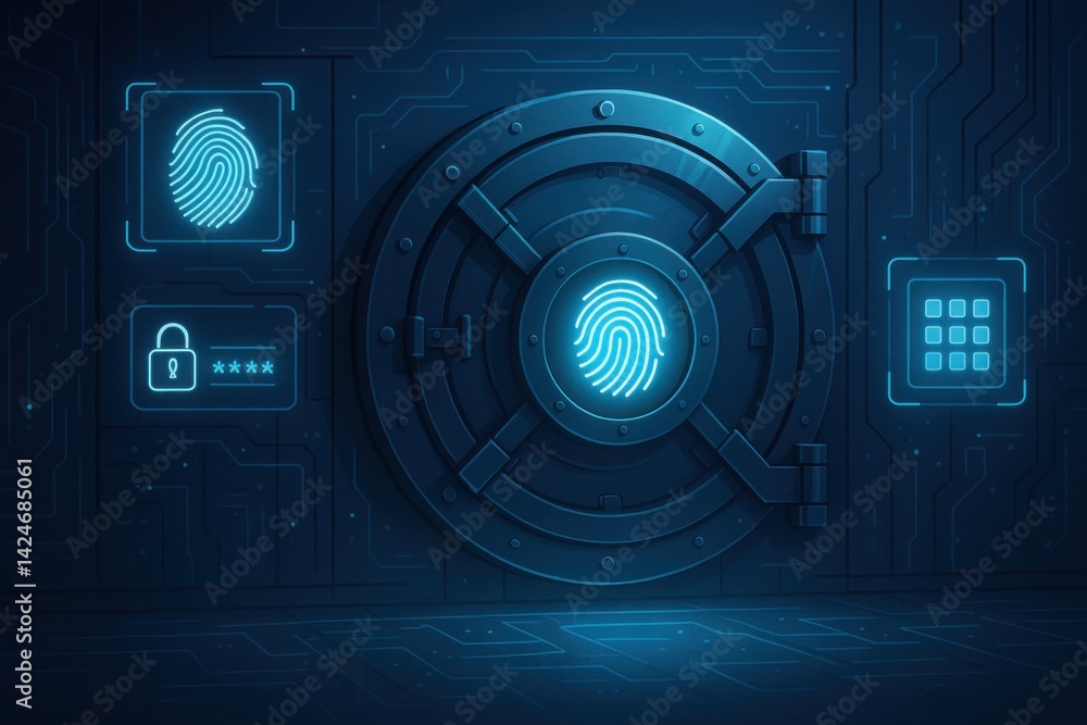 Poster a futuristic digital vault featuring a secure fingerprint scanner and a keypad