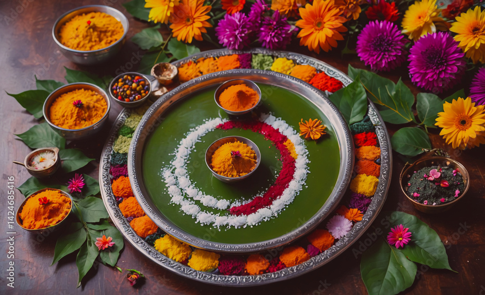 Aufkleber Green tray with a colorful design and a variety of spices on it. The tray is surrounded by flowers and leaves, creating a festive and inviting atmosphere