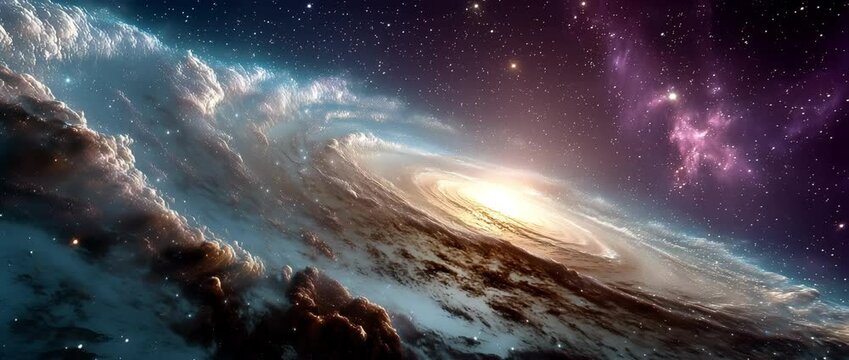 Dynamic spiral galaxy rotating in deep space, colorful clouds of gas and stars swirling around a bright galactic core, slow rotating motion captured from wide perspective.