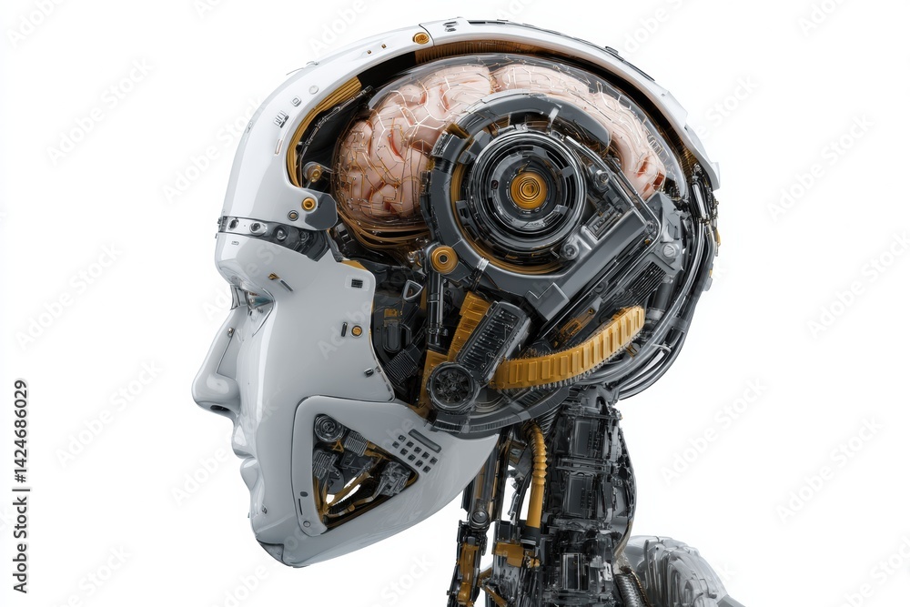 Poster Robot Head With Digital Brain Engine Showcased in Isolated Rendering on White Background, Representing Advanced Artificial Intelligence Technology