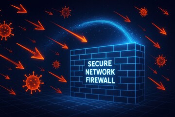 A digital illustration showing a secure network firewall fending off cyber threats