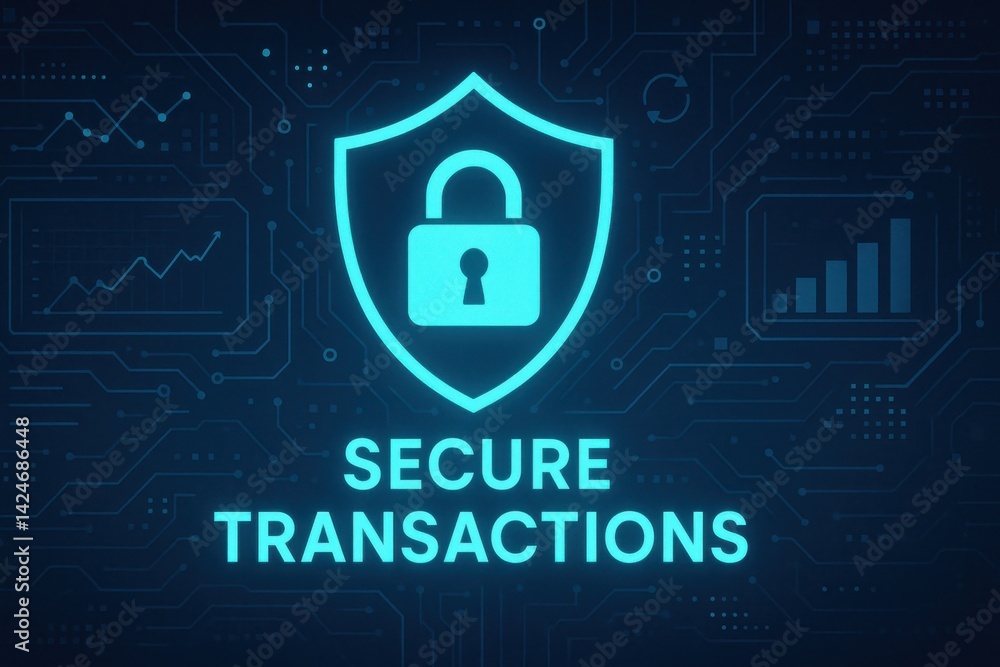 Poster a digital illustration representing secure transactions, showcasing a shield with a padlock symbol. 