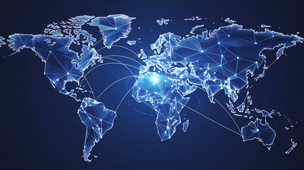 Fototapeta premium Geometric world map illustration in blue showing interconnected nodes and lines representing global networks.