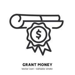 Taking grant or scholarship money icon. Student pay education loan. Concept of grant certificate, university and college fee, study fund, scholarship money flat outline icon. Editable stroke