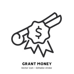 Taking grant or scholarship money icon. Student pay education loan. Concept of grant certificate, university and college fee, study fund, scholarship money flat outline icon. Editable stroke