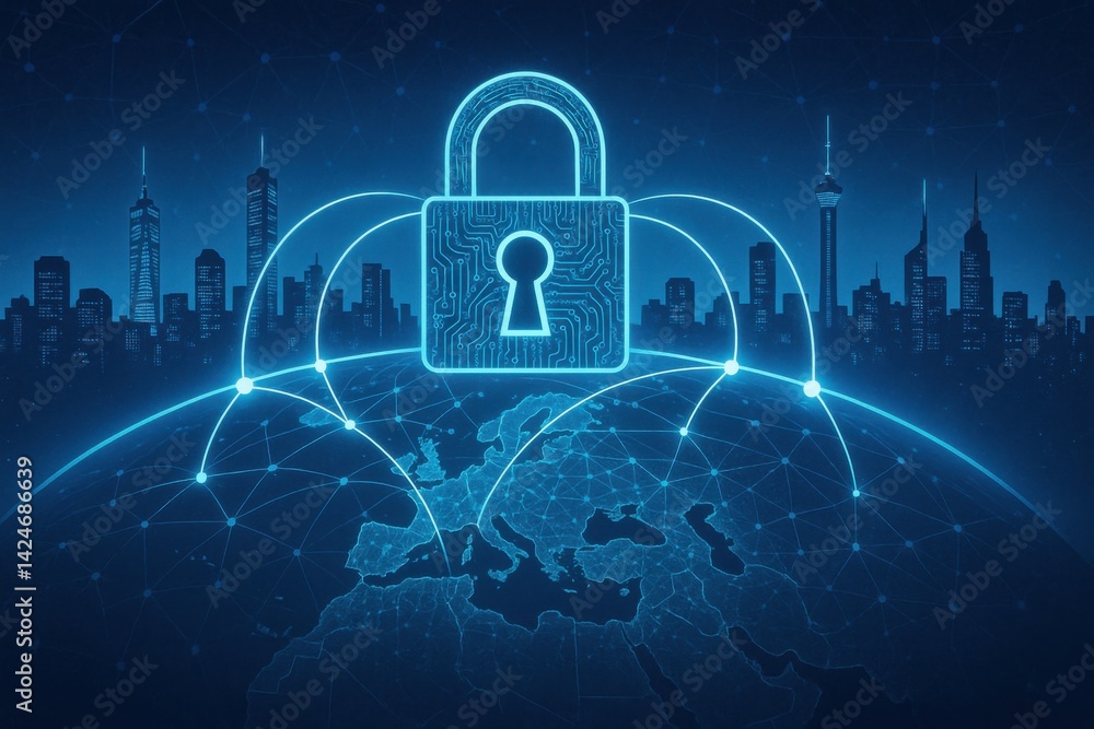Aufkleber a visual representation of global cybersecurity, illustrating a digital padlock secured over a netwo