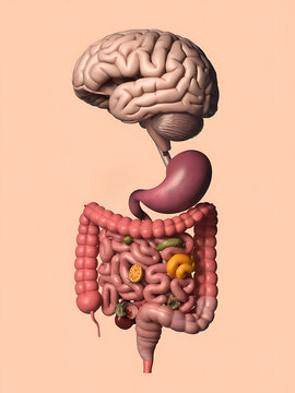 Anatomical illustration showing the human brain stomach intestines and other digestive organs on a neutral background.