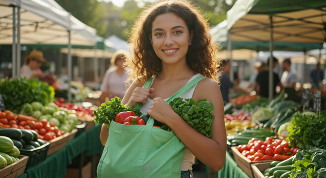 Smiling young woman holding a green tote bag filled with fresh vegetables at a vibrant farmer’s market, promoting healthy living and sustainable shopping