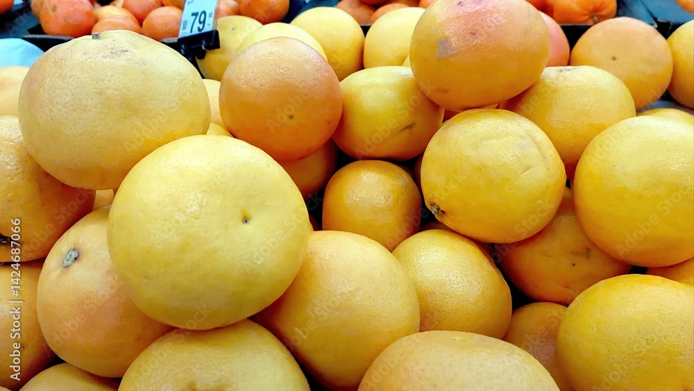 Poster Fresh oranges arranged in a vibrant display at a local market stall in afternoon light