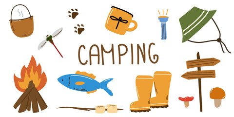 Camping and hiking equipment, supplies set. Adventure, trekking kit, tourists tools. Tent, backpack, tools, camera and fire. Flat vector illustrations isolated on white background