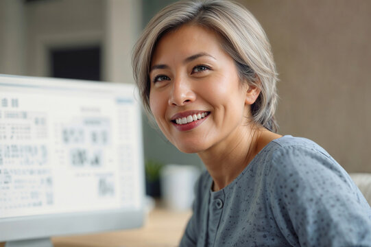 Portrait of happy Asian mature freelancer woman with computer at home