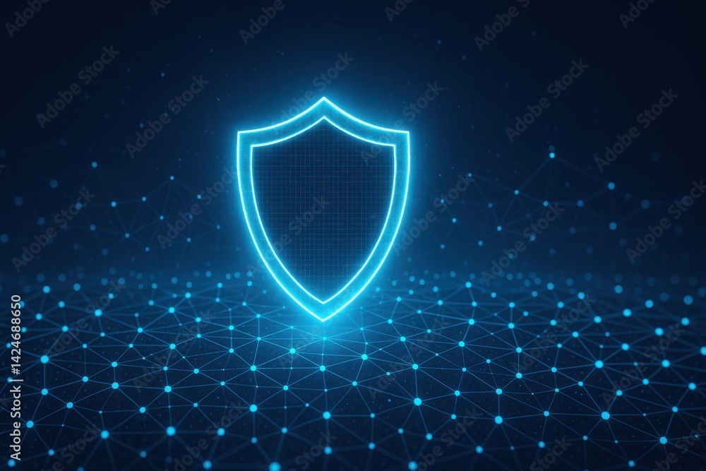 Poster a glowing blue shield symbolizing security and protection over a digital network background, represe